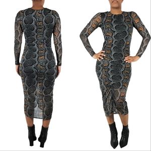 All Saints Black-Gray Norma Python Print Bodycon Midi Dress